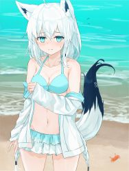 Rule 34 | 1girl, animal ears, beach, bikini, blue eyes, blush, braid, breasts, cleavage, collarbone, crab, fox ears, fox girl, fox tail, frilled bikini, frilled skirt, frills, highres, hololive, jacket, jacket partially removed, long hair, medium breasts, midriff, navel, sand, shirakami fubuki, shirakami fubuki (hololive summer 2019), side braid, skirt, solo, sweatdrop, swimsuit, tail, time is money3120, very long hair, virtual youtuber, water, white hair