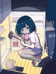 Rule 34 | 2girls, bag, barefoot, black shirt, blue hair, blue shorts, blunt bangs, blunt ends, blush, bob cut, bread, bread slice, breasts, butter, cellphone, chibikki, clock, commentary, digital clock, dolphin shorts, eating, egg, embarrassed, english commentary, food, food in mouth, full body, green eyes, grey background, highres, holding, holding jar, holding phone, indoors, jar, long hair, looking at viewer, milk carton, mouth hold, multiple girls, nanako (chibikki), night, original, phone, pixel art, refrigerator, sandwich, shirt, short hair, short shorts, short sleeves, shorts, small breasts, smartphone, snack, solo focus, squatting, sweatdrop, toes, very long hair, wooden floor