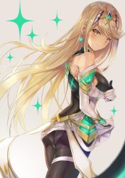 Rule 34 | 1girl, armor, bare shoulders, black pantyhose, blonde hair, blush, breasts, covering privates, covering breasts, earrings, elbow gloves, gloves, headpiece, inoue takuya (tactactak), jewelry, large breasts, long hair, mythra (massive melee) (xenoblade), mythra (xenoblade), nintendo, panties, panties under pantyhose, pantyhose, skirt, smile, solo, super smash bros., swept bangs, thigh strap, tiara, underwear, very long hair, xenoblade chronicles (series), xenoblade chronicles 2, yellow eyes