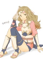 Rule 34 | 1girl, armor, brown hair, feet, fire emblem, fire emblem fates, full body, hana (fire emblem), headband, holding, holding sword, holding weapon, long hair, looking at viewer, nintendo, sandals, solo, sword, tico, weapon