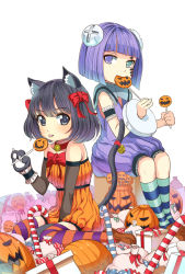 Rule 34 | 2girls, animal ears, animal hands, aqua eyes, attsun (atsushi jb), bell, black hair, bow, candy, candy cane, cat ears, cat paws, cat tail, collar, elbow gloves, food, gloves, hair bow, halloween, heterochromia, holding, jack-o&#039;-lantern, lollipop, looking at viewer, multiple girls, neck bell, original, paw gloves, purple eyes, purple hair, sitting, socks, striped clothes, striped legwear, striped socks, tail, tail bell, tail ornament, thighhighs