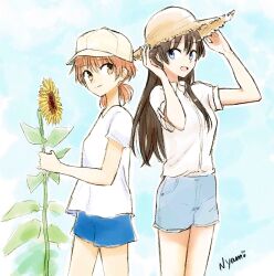 Rule 34 | 2girls, artist name, baseball cap, blue eyes, blue shorts, blue sky, brown eyes, brown hair, closed mouth, collared shirt, commentary request, cowboy shot, day, denim, denim shorts, flower, hands up, hat, highres, koito yuu, long hair, looking at another, multiple girls, nanami touko, nyamo, orange hair, outdoors, shirt, short sleeves, short twintails, shorts, sky, smile, straw hat, sunflower, twintails, white shirt, yagate kimi ni naru