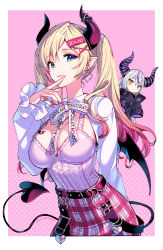 Rule 34 | 2girls, belt, black belt, black jacket, blonde hair, blue eyes, bow, bowtie, breast tattoo, breasts, cleavage, closed mouth, commentary, demon horns, demon tail, demon wings, earrings, gradient hair, hair ornament, heart, heart earrings, highres, hololive, horn ornament, horns, jacket, jewelry, la+ darknesss, large breasts, long hair, long sleeves, looking at viewer, multicolored hair, multiple girls, nail polish, nardack, pink nails, pink shirt, pink skirt, plaid, plaid skirt, pointy ears, purple hair, red hair, ring, shirt, shrug (clothing), silver hair, skirt, sleeves past fingers, sleeves past wrists, streaked hair, symbol-only commentary, tail, tattoo, twintails, virtual youtuber, white bow, white bowtie, wings, x hair ornament, yuzuki choco