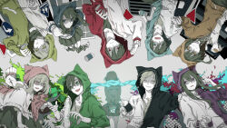 Rule 34 | 5boys, 5girls, alternate color, alternate hair color, amamiya hibiya, animal hood, aqua hoodie, aqua scarf, arms behind back, arrow (symbol), black hair, black hoodie, black sailor collar, black serafuku, black skirt, blue eyes, blue hoodie, can, casual, cat hood, chain, chain-link fence, collar, commentary, cropped legs, cross-laced slit, dress, ene (kagerou project), facial mark, facing away, feet out of frame, fence, from above, from behind, fujiori (ayacoe727), green eyes, green hair, green hoodie, grey background, grey collar, grey dress, grey hair, grey shirt, grey skirt, grey thighhighs, hair between eyes, hand on another&#039;s shoulder, highres, holding, holding can, holding hands, hood, hood up, hoodie, kagerou project, kano shuuya, kido tsubomi, kisaragi momo, kisaragi shintarou, konoha (kagerou project), kozakura marry, long hair, long sleeves, looking at another, looking at viewer, looking away, looking to the side, mekakucity actors, multicolored background, multiple boys, multiple girls, muted color, neck warmer, one eye closed, open mouth, orange hoodie, parted lips, pedestrian crossing sign, pink eyes, pink hoodie, pleated skirt, purple eyes, purple hoodie, red eyes, red hoodie, road sign, sailor collar, scarf, school uniform, serafuku, seto kousuke, shaded face, shirt, short hair, sign, skirt, sleeve cuffs, sleeves past elbows, smile, spray paint, stop sign, surprised, sweat, tateyama ayano, teeth, thighhighs, triangle, turn left sign, two-tone hoodie, upper body, upper teeth only, upside-down, wavy mouth, white hoodie, yellow eyes, yellow hoodie