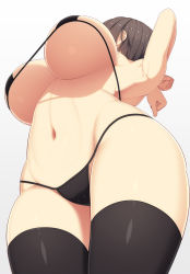 Rule 34 | 1girl, armpits, arms behind head, arms up, bikini, black bikini, black thighhighs, breasts, brown hair, commentary request, faceless, from below, gradient background, grey background, large breasts, navel, original, samegami, short hair, solo, swimsuit, thighhighs, thighs, toromi (samegami), underboob, white background