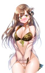 Rule 34 | 10s, 1girl, aile (crossroads), bikini, bikini top only, blush, bottomless, breasts, brown hair, camouflage, camouflage bikini, cardigan, cleavage, covering privates, covering crotch, female focus, folded hair, front-tie top, gakkou gurashi!, large breasts, long hair, long sleeves, looking at viewer, mole, mole under eye, navel, off shoulder, one side up, open cardigan, open clothes, open mouth, print bikini, print bikini top, shirt, signature, simple background, solo, swimsuit, v arms, very long hair, wakasa yuuri, yellow eyes