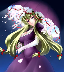 Rule 34 | 1girl, blonde hair, bow, breasts, cherry blossoms, cleavage, elbow gloves, female focus, gloves, hair bow, hat, highres, large breasts, long hair, multiple hair bows, murazono, petals, purple eyes, ribbon, solo, touhou, umbrella, white gloves, yakumo yukari