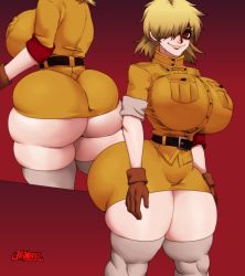 Rule 34 | 1girl, ass, blonde hair, breasts, brown gloves, clothes, female focus, gloves, gradient background, hair over one eye, hellsing, highres, huge ass, jay-marvel, large breasts, looking at viewer, looking back, naughty face, red eyes, seras victoria, short hair, smile, solo, thighhighs, white thighhighs