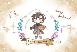 Rule 34 | 1girl, ahoge, artist name, banner, black footwear, black neckerchief, black shirt, black skirt, blush stickers, brown background, brown hair, character name, chibi, commentary request, dated, dot nose, flower, flower wreath, full body, happy birthday, highres, holding, holding palette, long sleeves, neckerchief, paintbrush, palette (object), pleated skirt, project sekai, sa-fu (sfmk39), shinonome ena, shirt, shoes, short hair, skirt, smile, solid eyes, solo, sparkle