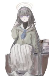 Rule 34 | 1girl, black ribbon, black sweater, blue archive, blue eyes, blue neckerchief, book, book stack, cardigan, commentary, fanning self, green cardigan, hair ribbon, hairband, halo, highres, long hair, long skirt, looking at viewer, low twintails, neckerchief, off shoulder, parted lips, piennamekuzi, pigeon-toed, pleated skirt, purple hairband, ribbon, sailor collar, sitting, sketch, skirt, slippers, solo, sweat, sweater, turtleneck, turtleneck sweater, twintails, ui (blue archive), very long hair, white sailor collar, white skirt