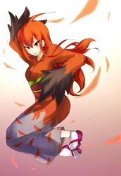 Rule 34 | 1girl, ahoge, creatures (company), feathers, game freak, gen 6 pokemon, gradient background, japanese clothes, jumping, long hair, nintendo, orange hair, personification, pokemon, red eyes, sandals, solo, talonflame, tikurin gyo