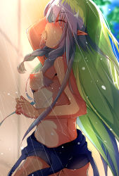 Rule 34 | 1girl, ameth (princess connect!), aono (f i s), ass, bad id, bad pixiv id, blue one-piece swimsuit, blurry, blurry background, blush, breasts, clothes pull, depth of field, eyes visible through hair, from side, green hair, highres, long hair, medium breasts, multicolored hair, nipples, one-piece swimsuit, one-piece swimsuit pull, open mouth, pointy ears, princess connect!, profile, purple hair, school uniform, showering, solo, swimsuit, tan, tanline, topless, two-tone hair, very long hair, water, wet