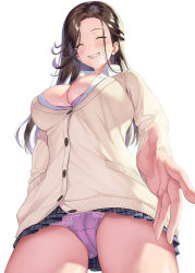 Rule 34 | 1girl, ass, beige cardigan, blush, breasts, brown hair, cameltoe, cardigan, collared shirt, expressionless, facing viewer, floating hair, grin, groin, hand in pocket, large breasts, long hair, looking at viewer, original, panties, pantyshot, parted bangs, partially unbuttoned, plaid, plaid skirt, pleated skirt, purple panties, reaching, reaching towards viewer, sage joh, school uniform, shirt, sidelocks, simple background, skirt, smile, solo, thighs, underwear, white background