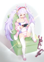 Rule 34 | 1girl, animal ears, azur lane, bluesnail, bottle, breasts, camisole, closed mouth, collarbone, expressionless, fake animal ears, full body, hairband, highres, jacket, jitome, knee up, laffey (azur lane), light purple hair, nintendo switch, no pants, off shoulder, open clothes, open jacket, panties, pink jacket, playing games, rabbit ears, red eyes, sidelocks, sitting, small breasts, solo, spaghetti strap, strap slip, striped clothes, striped panties, thighhighs, twintails, underwear, white thighhighs, wine bottle