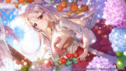 Rule 34 | 1girl, animal ears, apple caramel, artist name, breasts, cloud, commission, day, dutch angle, flower, flower request, highres, holding, holding flower, hydrangea, long sleeves, medium breasts, original, red skirt, skirt, solo, underboob