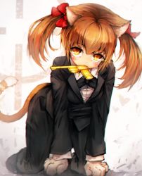 Rule 34 | 1girl, all fours, animal ears, animal hands, brown eyes, brown hair, cat ears, cat paws, cat tail, golden gun, highres, kajaneko, looking at viewer, mouth hold, short hair, solo, tail, twintails