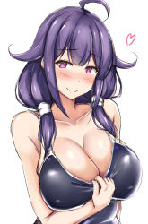 Rule 34 | 1girl, ahoge, bad id, bad pixiv id, blue one-piece swimsuit, blunt bangs, blush, breasts, cleavage, collarbone, competition school swimsuit, hair flaps, heart, heart-shaped pupils, highres, kantai collection, large breasts, long hair, looking at viewer, low twintails, one-piece swimsuit, pulled by self, purple hair, purple one-piece swimsuit, red eyes, school swimsuit, simple background, smile, solo, spoken heart, swimsuit, swimsuit tug, symbol-shaped pupils, taigei (kancolle), terakoya, twintails, upper body, white background