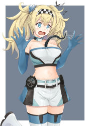 Rule 34 | 1girl, alternate costume, between breasts, black shorts, blonde hair, blue eyes, blue footwear, blue gloves, blue shorts, boots, breasts, collarbone, cowboy shot, eel, elbow gloves, gambier bay (kancolle), gloves, hairband, highres, kantai collection, kodama (mmt uf), large breasts, midriff, multicolored clothes, multicolored footwear, multicolored shorts, navel, short shorts, shorts, skirt, solo, strapless, thigh boots, thighhighs, tube top, twintails, white footwear, white shorts