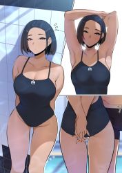 Rule 34 | 1boy, 1girl, ^^^, absurdres, ah-lyong lee, armpits, arms up, ass, black hair, black one-piece swimsuit, blue eyes, breasts, casual one-piece swimsuit, cleavage, collarbone, highres, large breasts, logo, looking at viewer, multiple views, one-piece swimsuit, original, short hair, solo focus, swimsuit