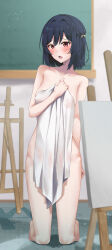 Rule 34 | 1girl, absurdres, art room, bare shoulders, black hair, blush, breasts, canvas (object), chalkboard, collarbone, covering privates, easel, fang, furrowed brow, hair between eyes, hair ribbon, highres, indoors, kneeling, looking at viewer, love live!, love live! nijigasaki high school idol club, lowlight1010, medium breasts, mifune shioriko, modeling, nude, nude modeling, open mouth, red eyes, ribbon, short hair, solo, yellow ribbon