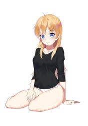 Rule 34 | 1girl, arm support, black shirt, blonde hair, blue eyes, blush, full body, highres, long hair, looking at viewer, new game!, no pants, panties, shirt, simple background, sitting, smile, solo, underwear, white background, white panties, wujia xiaozi, yagami kou