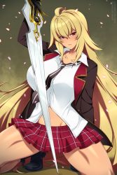Rule 34 | 1girl, arm behind back, arm up, black footwear, black jacket, black necktie, blonde hair, boots, breasts, closed mouth, collared shirt, commentary, crossed bangs, dark-skinned female, dark skin, english commentary, glint, groin, hair between eyes, highres, holding, holding sword, holding weapon, jacket, knee boots, kneeling, large breasts, lindaroze, long hair, long sleeves, looking at viewer, loose necktie, miniskirt, necktie, open clothes, open jacket, partially unbuttoned, patreon username, plaid, plaid skirt, red eyes, red skirt, redrawn, school uniform, shadow, shikishima mirei, shirt, sidelocks, skirt, solo, sword, twitter username, valkyrie drive, valkyrie drive -mermaid-, very long hair, watermark, weapon, white shirt