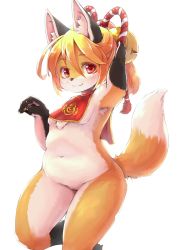Rule 34 | 1girl, animal ear fluff, animal ears, backlighting, bad id, bad twitter id, bell, blonde hair, body fur, breasts, claws, female focus, fox ears, fox tail, furry, furry female, hair bell, hair between eyes, hair ornament, highres, jingle bell, looking at viewer, navel, nude, original, paw pose, plump, ponytail, red eyes, shiitakemeshi, simple background, small breasts, smile, solo, tail, whiskers, white background, white fur, yellow fur