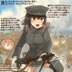 Rule 34 | 10s, 1girl, 2017, akitsu maru (kancolle), animal, bayonet, bipod, black eyes, black hair, black hat, black thighhighs, commentary request, dated, gloves, gun, hamster, hat, holding, holding weapon, kantai collection, kirisawa juuzou, long sleeves, military, military uniform, numbered, open mouth, peaked cap, short hair, sweat, thighhighs, traditional media, translation request, twitter username, uniform, weapon, white gloves