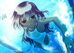 Rule 34 | 1girl, air bubble, atsumi hina, black eyes, bubble, blowing bubbles, competition swimsuit, diving, from below, game cg, lane line, long hair, one-piece swimsuit, open mouth, perspective, pool, purple hair, see-through, solo, sukumizu 2, swimming, swimsuit, tattoo, underwater, white one-piece swimsuit