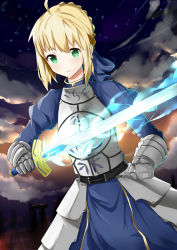 Rule 34 | 1girl, ahoge, armor, armored dress, artoria pendragon (fate), bad id, bad pixiv id, blonde hair, dress, excalibur (fate/stay night), fate/zero, fate (series), gauntlets, glowing, glowing sword, glowing weapon, green eyes, hair ribbon, r star, ribbon, saber (fate), solo, sword, weapon