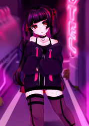 Rule 34 | 1girl, absurdres, bare shoulders, black choker, black dress, blunt bangs, blurry, blurry background, chiitamu, choker, closed mouth, collarbone, depth of field, drawstring, dress, ear piercing, fang, fang out, fingernails, hair ribbon, highres, jacket, long hair, long sleeves, nail polish, neon lights, off shoulder, open clothes, open jacket, original, piercing, puffy long sleeves, puffy sleeves, purple hair, purple jacket, purple thighhighs, red eyes, red nails, red ribbon, ribbon, sleeveless, sleeveless dress, sleeves past wrists, solo, thighhighs, twintails, very long hair