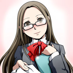 Rule 34 | 1girl, atlus, blush, bow, bowtie, brown eyes, brown hair, female focus, fushimi chihiro, glasses, gradient background, long hair, persona, persona 3, portrait, red bow, red bowtie, school uniform, smile, solo, tokiwa (mukoku)