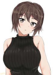 Rule 34 | 1girl, :o, black shirt, brown eyes, brown hair, casual, commentary, cowboy shot, fuyunoyukino, girls und panzer, head tilt, highres, long hair, looking at viewer, nishizumi maho, one-hour drawing challenge, parted lips, ribbed shirt, shirt, short hair, simple background, sleeveless, sleeveless shirt, twitter username, white background