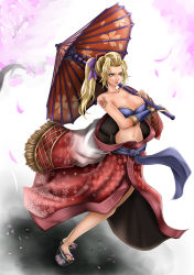 Rule 34 | 1041 (toshikazu), 1girl, blonde hair, breasts, cleavage, green eyes, large breasts, long hair, oil-paper umbrella, petals, ponytail, sandals, setsuka, solo, soul calibur, soulcalibur, soulcalibur iv, tattoo, umbrella