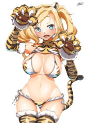 Rule 34 | 1girl, alternate costume, animal ears, animal hands, animal print, ayuman, bikini, blonde hair, blue eyes, breasts, claws, commentary request, commission, cowboy shot, drill hair, elbow gloves, fangs, gloves, honolulu (kancolle), kantai collection, large breasts, long hair, looking at viewer, paw gloves, print bikini, simple background, solo, swimsuit, tail, thigh gap, thighhighs, tiger ears, tiger print, tiger stripes, tiger tail, twin drills, twintails, white background