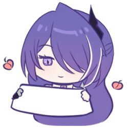 1girl acheron_(honkai:_star_rail) chibi chibi_only closed_mouth diamond-shaped_pupils diamond_(shape) food fruit hair_ornament hair_over_one_eye holding honkai:_star_rail honkai_(series) looking_at_viewer lowres multicolored_hair peach purple_eyes purple_hair samlatte simple_background smile solo streaked_hair symbol-shaped_pupils white_background