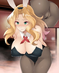 Rule 34 | 1girl, animal ears, ass, bare shoulders, black pantyhose, blonde hair, blush, bow, bowtie, breasts, cleavage, collar, collarbone, detached collar, fake animal ears, girls und panzer, green eyes, highres, kay (girls und panzer), large breasts, leotard, long hair, looking at viewer, nakamura yukitoshi, pantyhose, playboy bunny, rabbit ears, solo