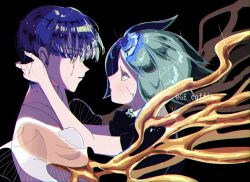 Rule 34 | 2others, androgynous, aqua eyes, aqua hair, blue hair, blunt bangs, crack, cracked skin, crying, dual persona, eye contact, from side, ge coffin, gold, golden arms, hand on another&#039;s head, highres, houseki no kuni, looking at another, multiple others, other focus, pale skin, parted bangs, parted lips, phosphophyllite, phosphophyllite (ll), puffy short sleeves, puffy sleeves, sad, see-through, see-through sleeves, short hair, short sleeves, spoilers, twitter username
