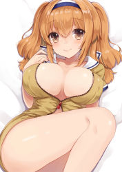 Rule 34 | 10s, 1girl, bad id, bad pixiv id, bare arms, bare legs, bed sheet, breasts, brown eyes, brown hair, brown jacket, cleavage, closed mouth, collarbone, hairband, i-26 (kancolle), jacket, kantai collection, large breasts, long hair, looking at viewer, lying, no swimsuit, on back, open clothes, open jacket, partially unzipped, sailor collar, shiny skin, smile, solo, tareme, yuzu-aki, zipper