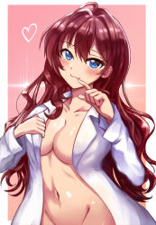 Rule 34 | 10s, 1girl, :3, ahoge, blue eyes, blush, breasts, brown hair, cleavage, greave (asterism), heart, ichinose shiki, idolmaster, idolmaster cinderella girls, lab coat, lab coat, large breasts, long hair, looking at viewer, naked labcoat, navel, open clothes, smile, solo