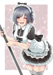 Rule 34 | 1girl, aga marino, alternate costume, apron, bad id, bad nicoseiga id, black dress, black hair, black thighhighs, blush, breasts, dress, enmaided, frills, gradient background, kantai collection, large breasts, looking at viewer, maid, maid apron, maid headdress, one eye closed, open mouth, red eyes, ribbon, short hair, short sleeves, thighhighs, white background, yamashiro (kancolle)