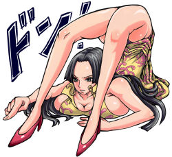 Rule 34 | 1girl, ass, black panties, boa hancock, breast stand, breasts, cleavage, contortion, dress, earrings, flexible, high heels, jewelry, large breasts, long hair, no bra, one piece, open mouth, panties, pointing, shiny skin, shoes, sideboob, simple background, solo, teruki, underwear, white background