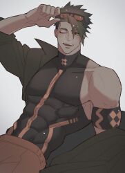 Rule 34 | 1boy, abs, achilles (fate), armband, black armband, black shirt, collarbone, dutch angle, eyelashes, fate/grand order, fate (series), goggles, goggles on head, green jacket, grey background, haruakira, highres, jacket, large pectorals, male focus, mature male, muscular, muscular male, one eye closed, open mouth, orange eyes, orange pants, pants, pectorals, shirt, short hair, sidepec, simple background, solo, teeth, undercut, upper teeth only