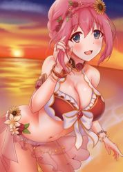 Rule 34 | absurdres, beach, bikini, blue eyes, blush, bracelet, breasts, dusk, flower, hair flower, hair ornament, highres, jewelry, large breasts, looking at viewer, open mouth, pink hair, princess connect!, short hair, sky, swimsuit, wristband, yui (princess connect!), yui (summer) (princess connect!)