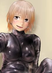 Rule 34 | 1girl, :d, absurdres, black eyes, blonde hair, blush, bodysuit, breasts, highres, kilye kairi, large breasts, latex, latex bodysuit, looking at viewer, open mouth, original, pink lips, simple background, smile, solo, sweat, upper body, wet, wet hair, yellow background