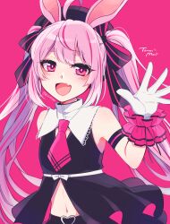 Rule 34 | 1girl, akasuzu3641, animal ears, armband, bare shoulders, black headwear, blush, bow, camisole, eyelashes, fang, gloves, highres, indie virtual youtuber, midriff, open mouth, pink background, pink eyes, pink hair, rabbit ears, red camisole, skin fang, solo, striped, striped bow, thick eyebrows, tomari mari, virtual youtuber, white gloves