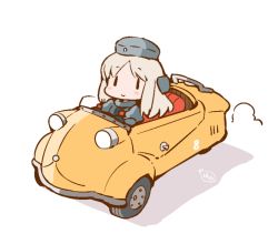 Rule 34 | 1girl, blonde hair, blush stickers, car, chibi, convertible, driving, dutch angle, full body, garrison cap, hanomido, happy, hat, kantai collection, long hair, long sleeves, looking at viewer, messerschmitt, messerschmitt kr200, motor vehicle, puffy long sleeves, puffy sleeves, simple background, smile, solo, u-511 (kancolle), vehicle focus, white background