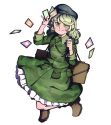 Rule 34 | 1girl, boots, brown footwear, camouflage, camouflage jacket, camouflage skirt, card, dress, flat cap, green dress, green eyes, green hair, hat, highres, holding, holding card, jacket, key, mefomefo, petticoat, pocket, skirt, smile, solo, spell card, suitcase, touhou, wavy hair, yamashiro takane