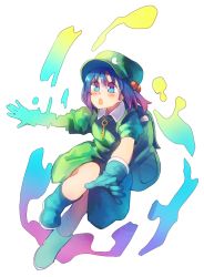Rule 34 | 1girl, adapted costume, alternate eye color, alternate hair color, anarogumaaa, backpack, bad id, bad pixiv id, bag, blue dress, blue eyes, blue hair, blush, boots, cabbie hat, digital dissolve, dress, full body, gloves, gradient eyes, gradient hair, hair bobbles, hair ornament, hat, jewelry, kawashiro nitori, key, key necklace, leg up, matching hair/eyes, multicolored eyes, multicolored hair, necklace, open mouth, purple eyes, purple hair, rubber boots, serious, short hair, simple background, solo, touhou, two side up, white background