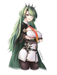 Rule 34 | 1girl, absurdres, azur lane, black gloves, black legwear, black shirt, breasts, cape, cleavage, cleavage cutout, clothing cutout, dress, earrings, gloves, green cape, green hair, highres, jewelry, large breasts, littorio (azur lane), multicolored hair, necktie, one eye closed, shirt, shrug (clothing), sidelocks, smile, white dress